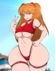 Rule 34 | 1girl, ass, blue eyes, breasts, brown hair, collar, covered erect nipples, curvy, day, ear piercing, female focus, highres, huge ass, long hair, looking at viewer, medium breasts, naughty face, neon genesis evangelion, open mouth, piercing, smile, solo, souryuu asuka langley, thong, v, wide hips, zonen404