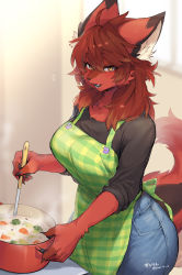 Rule 34 | 1girl, absurdres, animal ear fluff, animal ears, animal nose, apron, black shirt, blue pants, blurry, blurry background, body fur, commission, cooking, denim, food, furry, furry female, green apron, highres, holding, holding ladle, jeans, ladle, looking at viewer, open mouth, original, pants, plaid, plaid apron, raglan sleeves, red fur, red hair, shirt, short hair, skeb commission, snout, solo, suurin (ksyaro), tail, yellow eyes