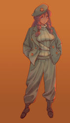 Rule 34 | absurdres, beret, blue eyes, braid, double-breasted, formal, hands in pockets, hat, highres, hong meiling, jacket, lapels, open clothes, open jacket, pants, red hair, sepia, shoes, simple background, standing, star (symbol), suit, sweater, touhou, turtleneck, turtleneck sweater, twin braids, u-joe