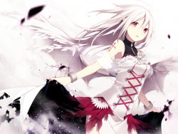 Rule 34 | 1girl, bare shoulders, cross, dress, flower, hijiri (resetter), long hair, looking at viewer, md5 mismatch, original, pointy ears, red eyes, shirt, solo, white shirt, wings