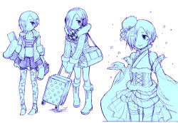 Rule 34 | 10s, 1girl, alternate costume, bag, bags under eyes, bare shoulders, blue theme, blush, boots, coat, corset, detached sleeves, dress, earmuffs, earrings, fur trim, hair over one eye, hat, holding, idolmaster, idolmaster cinderella girls, jacket, jewelry, leggings, luggage, monochrome, open mouth, oversized clothes, pale skin, pantyhose, ribbon, rolling suitcase, ruiko (sad), scarf, shirasaka koume, short hair, simple background, skirt, sleeves past wrists, smile, snowing, solo, spot color, standing, star (symbol), star print, suitcase, thighhighs, white background, wide sleeves, winter clothes