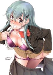 Rule 34 | 10s, 1girl, aqua hair, blush, bow, bowtie, bra, breasts, brown jacket, cleavage, collarbone, collared shirt, dated, from above, green eyes, grin, hair between eyes, hair ornament, hairclip, highres, jacket, kantai collection, long hair, long sleeves, looking at viewer, medium breasts, nose blush, open clothes, panties, panty pull, partially undressed, pleated skirt, purple bra, purple panties, remodel (kantai collection), school uniform, shirt, simple background, skirt, unworn skirt, smile, solo, strap pull, suzuya (kancolle), ugeppa, underwear, white background, white shirt, wing collar