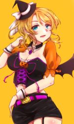 Rule 34 | 1girl, artist name, artist request, ayase eli, bare shoulders, bat wings, belt, black choker, black detached collar, black dress, black hat, black pants, black shorts, black wings, blonde hair, blue eyes, blush, bow, breasts, choker, cleavage, collarbone, crescent moon symbol, cross-laced clothes, cross-laced dress, detached collar, diamond (gemstone), dress, female focus, floating hair, frilled dress, frilled shorts, frills, hair between eyes, hair bow, hair ornament, hair scrunchie, half-closed eyes, halloween, hat, high ponytail, jewelry, long hair, looking at viewer, love live!, love live! school idol festival, love live! school idol project, medium breasts, midriff, mini hat, moon print, navel, necklace, pants, parted lips, pink belt, pink ribbon, pink scrunchie, ponytail, puffy short sleeves, puffy sleeves, pumpkin print, ribbon, scrunchie, short hair, short sleeves, shorts, smile, solo, which hat, white bow, white wrist cuffs, wing collar, wings, wrist cuffs, yellow background