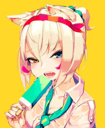 Rule 34 | 1girl, animal ear fluff, animal ears, aqua necktie, aqua scrunchie, blonde hair, blue eyes, breasts, cat ears, cleavage, collarbone, collared shirt, colored tips, commentary, dress shirt, eating, fangs, food, hair between eyes, hairband, hand up, heterochromia, holding, holding food, looking at viewer, loose necktie, makaroll, moca (makaroll), multicolored hair, nail polish, necktie, open mouth, orange eyes, original, pink hair, pink hairband, pink nails, popsicle, scrunchie, see-through, shirt, short hair, short ponytail, simple background, solo, streaked hair, sweat, teeth, upper body, wet, wet clothes, wet shirt, white shirt, wing collar, yellow background