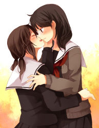 Rule 34 | 2girls, blush, brown eyes, brown hair, cardigan, closed eyes, couple, from side, hachiko (hati12), hand on another&#039;s cheek, hand on another&#039;s face, imminent kiss, long sleeves, multiple girls, original, school uniform, serafuku, smile, twintails, yuri