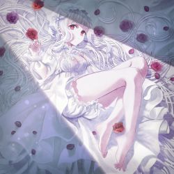 Rule 34 | 1girl, albino, barefoot, bed, bloomers, breasts, dress, feet, flower, frills, haduki tohru, highres, lingerie, long hair, looking at viewer, lying, negligee, on side, original, red eyes, rose, solo, underwear, white hair