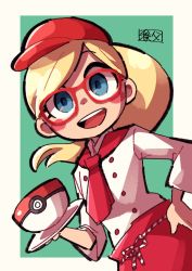 Rule 34 | 1girl, :d, apron, blonde hair, blue eyes, blush stickers, border, chichibu (watson), commentary request, creatures (company), cup, game freak, glasses, hat, holding, leah (pokemon), long hair, nintendo, open mouth, outside border, pokemon, pokemon cafe remix, ponytail, red-framed eyewear, red apron, red hat, saucer, shirt, sleeves past elbows, smile, solo, teeth, tongue, upper teeth only, waist apron, white border, white shirt