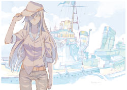 Rule 34 | 10s, 1girl, absurdres, aged up, alternate costume, belt, blue eyes, breasts, cleavage, cosmic (crownclowncosmic), hat, hibiki (kancolle), highres, kantai collection, long hair, looking at viewer, outdoors, pants, ship, sky, solo, verniy (kancolle), watercraft, white hair