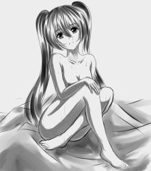 Rule 34 | 1girl, bad id, bad pixiv id, breasts, cleavage, greyscale, hatsune miku, long hair, looking at viewer, medium breasts, monochrome, nipples, nude, sitting, solo, twintails, veilrain, vocaloid, wet