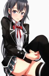 Rule 34 | 1girl, ass, bad id, bad twitter id, black eyes, black hair, black jacket, black thighhighs, blush, bow, breasts, commentary request, hair between eyes, hair ribbon, highres, jacket, ka1se1, leg grab, long hair, looking at viewer, miniskirt, open clothes, open jacket, parted lips, plaid, plaid skirt, red bow, red neckwear, red ribbon, ribbon, school uniform, shirt, simple background, skirt, small breasts, thighhighs, white background, white shirt, yahari ore no seishun lovecome wa machigatteiru., yukinoshita yukino