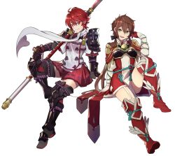 Rule 34 | 2girls, :d, absurdres, arm guards, armor, armored boots, boots, brown eyes, brown hair, clip studio paint (medium), closed mouth, commission, cosplay, costume switch, dress, ebinku, fire emblem, fire emblem fates, full body, gloves, highres, hinoka (fire emblem), hinoka (fire emblem) (cosplay), holding, holding polearm, holding weapon, invisible chair, japanese clothes, looking at viewer, lora (xenoblade), lora (xenoblade) (cosplay), multiple girls, naginata, nintendo, open mouth, polearm, red eyes, red footwear, red gloves, red hair, red skirt, short hair, shoulder armor, simple background, sitting, skirt, smile, weapon, white background, xenoblade chronicles (series), xenoblade chronicles 2, xenoblade chronicles 2: torna - the golden country