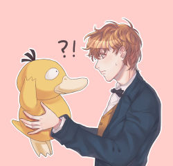 Rule 34 | !?, 1boy, bow, bowtie, brown hair, coat, creatures (company), crossover, fantastic beasts and where to find them, freckles, game freak, gen 1 pokemon, green eyes, harry potter (series), highres, male focus, newt scamander, nintendo, pink background, pokemon, pokemon (creature), psyduck, simple background, upper body, usan93, wizarding world