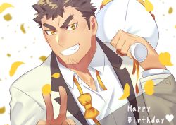 Rule 34 | 1boy, alternate costume, alternate eye color, bara, blush, bouquet, bowtie, brown hair, commentary request, facial hair, falling petals, flower, formal, goatee, grin, happy birthday, holding, holding bouquet, kihane atsusane, long sideburns, male focus, petals, short hair, sideburns, smile, solo, stubble, suit, takabushi kengo, thick eyebrows, tokyo houkago summoners, undone bowtie, upper body, v, white suit
