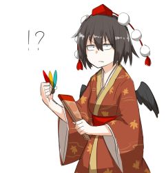Rule 34 | !?, 1girl, alternate costume, bad id, bad twitter id, black hair, black wings, brown kimono, commentary request, confused, constricted pupils, hair between eyes, hat, japanese clothes, kankan33333, kimono, long sleeves, looking at viewer, obi, sash, shameimaru aya, simple background, solo, tokin hat, touhou, white background, wide sleeves, wings