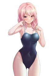 Rule 34 | 1girl, absurdres, bang dream!, bare arms, bare shoulders, blue one-piece swimsuit, blush, breasts, closed mouth, collarbone, commentary request, covered navel, cowboy shot, gluteal fold, groin, hair down, hands up, highres, large breasts, lifting own clothes, long hair, looking at viewer, maruyama aya, medium breasts, one-piece swimsuit, pink eyes, pink hair, ptal, school swimsuit, simple background, smile, solo, standing, strap lift, swimsuit, white background