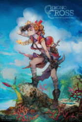 Rule 34 | 1girl, artist name, bag, bandaged leg, bandages, bead necklace, beads, belt, blonde hair, blue eyes, blue sky, body markings, boots, breasts, brown footwear, chrono cross, cloud, cloudy sky, coral, creature, crop top, cropped jacket, dagger, facial mark, full body, hair ribbon, highres, holding, holding dagger, holding knife, holding weapon, jacket, jewelry, kid (chrono cross), knife, leg up, long hair, looking afar, makushiro, medium breasts, midriff, miniskirt, multi-tied hair, necklace, outdoors, palm tree, ponytail, red jacket, red ribbon, red skirt, ribbon, shading eyes, shirt, short sleeves, shoulder bag, skirt, sky, smile, solo, steel-toe boots, tree, weapon, white shirt