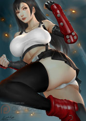 Rule 34 | 1girl, ariverkao, ass, black hair, black skirt, black thighhighs, breasts, brown eyes, dated, elbow gloves, final fantasy, final fantasy vii, fingerless gloves, from below, gloves, large breasts, lips, long hair, midriff, navel, panties, pantyshot, parted lips, patreon logo, pencil skirt, shirt, signature, skirt, solo, square enix, suspender skirt, suspenders, tank top, taut clothes, taut shirt, thighhighs, tifa lockhart, underwear, upskirt, white panties, white tank top, wrist guards