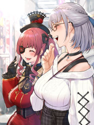 Rule 34 | 2girls, alternate costume, black choker, black gloves, black headwear, black neckwear, blush, bow, bowtie, breasts, choker, closed eyes, commentary request, dress, eyepatch, from side, glasses, gloves, hair ribbon, half updo, hat, highres, hololive, houshou marine, houshou marine (gothic lolita), large breasts, laughing, mikan (chipstar182), multiple girls, official alternate costume, open mouth, pirate, pirate costume, plaid, plaid skirt, red dress, red hair, red skirt, ribbon, shirogane noel, shirogane noel (casual), short hair, sidelocks, skirt, sweater, twintails, virtual youtuber, white sweater