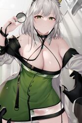 Rule 34 | 1girl, 1other, animal ears, arknights, bare shoulders, black choker, breasts, cat ears, choker, cleavage, commentary request, doctor (arknights), dress, green dress, green eyes, hand up, highres, holding, izulizuru, kal&#039;tsit (arknights), large breasts, looking at viewer, off shoulder, pencil dress, pov, short dress, short hair, stethoscope, thighs, white hair