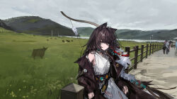 1girl absurdres animal animal_ears arknights bare_shoulders bow_(weapon) brown_coat brown_hair chinese_commentary clip_studio_paint_(medium) closed_mouth coat commentary_request dress eyes_visible_through_hair grass grey_sky hair_between_eyes highres leaning long_hair long_sleeves lunacub_(arknights) making-of_available off_shoulder outdoors overcast plant qingfeng_canying railing rural sketch sky sleeveless sleeveless_dress standing video_thumbnail weapon white_dress wooden_railing yellow_eyes