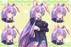 Rule 34 | 1girl, :d, ;), animal ears, blazer, blush, breast hold, breasts, closed eyes, crescent moon, expressions, female focus, formal, jacket, large breasts, long hair, long sleeves, moon, multiple views, necktie, one eye closed, open mouth, purple hair, rabbit ears, red eyes, red necktie, reisen udongein inaba, signature, skirt, smile, suit, tears, touhou, very long hair, zephid
