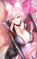 Rule 34 | 1girl, animal ear fluff, animal ears, black bodysuit, blush, bodysuit, bow, breasts, center opening, choker, cleavage, explosive, fate/grand order, fate (series), fox ears, fox girl, fox tail, grenade, hair between eyes, hair bow, highres, hip vent, kaji zarame, koyanskaya (assassin) (first ascension) (fate), koyanskaya (fate), large breasts, long hair, looking at viewer, open mouth, pink bow, pink hair, ponytail, sidelocks, smile, solo, tail, tamamo (fate), thighs, yellow eyes