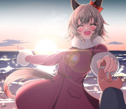 Rule 34 | 1boy, 1girl, animal ears, beach, blush, bow, closed eyes, cloud, coat, curren chan (umamusume), ear bow, facing viewer, fur-trimmed sleeves, fur collar, fur trim, grey hair, horse ears, horse girl, horse tail, lens flare, open mouth, outdoors, outstretched arm, pov, red bow, red coat, sayossa (pak-front), short hair, signature, smile, solo focus, sunrise, tail, teeth, umamusume, upper teeth only, water, winter clothes, winter coat