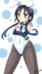 Rule 34 | 10s, 1girl, 2015, adapted costume, animal ears, black hair, black pantyhose, blue gloves, blue hair, blue ribbon, blush, cameltoe, covered navel, dated, detached collar, elbow gloves, eyes visible through hair, fake animal ears, gloves, gradient hair, green eyes, hair ribbon, highres, kantai collection, kuro chairo no neko, leotard, long hair, low twintails, multicolored hair, pantyhose, paw print, playboy bunny, polka dot, polka dot background, rabbit ears, ribbon, school uniform, serafuku, simple background, solo, suzukaze (kancolle), twintails, twitter username, white background