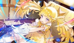 Rule 34 | 1girl, blonde hair, blunt bangs, dress, gloves, hair ornament, highres, long hair, looking at viewer, magic, magical girl, nuudoru, official art, open mouth, puffy short sleeves, puffy sleeves, purple eyes, shooting star hair ornament, short sleeves, smile, star-shaped pupils, star (symbol), star hair ornament, star in eye, symbol-shaped pupils, symbol in eye, takt op., twinkle star (takt op.), twintails, white gloves, yellow dress, yellow pupils