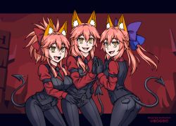 Rule 34 | 3girls, :d, animal ear fluff, animal ears, black gloves, black neckwear, black pants, blue ribbon, burbur, cerberus (helltaker), cerberus (helltaker) (cosplay), commentary, cosplay, demon tail, english commentary, fang, fate/grand order, fate (series), fox ears, gloves, hair between eyes, hair ribbon, helltaker, holding hands, letterboxed, long hair, long sleeves, multiple girls, necktie, open mouth, pants, pink hair, ponytail, purple ribbon, red ribbon, red shirt, ribbon, shirt, skin fang, smile, tail, tamamo (fate), tamamo no mae (fate/extra), tamamo no mae (swimsuit lancer) (fate), yellow eyes