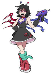 Rule 34 | 1girl, :d, absurdres, antennae, asymmetrical wings, black dress, black gloves, black hair, blue wings, boots, breasts, choker, cleavage, commentary, contrapposto, dress, eddybird55555, english commentary, full body, gloves, gun, hand on own hip, highres, holding, holding gun, holding weapon, houjuu nue, looking at viewer, medium breasts, open mouth, parody, pointy ears, red choker, red eyes, red footwear, red wings, ringed eyes, sharp teeth, short hair, smile, snake armband, solo, standing, style parody, teeth, touhou, vanripper (style), weapon, wings