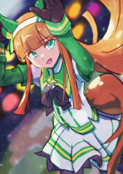 Rule 34 | 1girl, animal ears, arms up, black bow, black gloves, black pantyhose, blurry, blurry background, bow, commentary request, gloves, green eyes, harakomeshi, highres, hime cut, horse ears, horse girl, horse tail, layered sleeves, light particles, long hair, long sleeves, looking at viewer, open mouth, orange hair, pantyhose, petticoat, pleated skirt, shirt, short over long sleeves, short sleeves, silence suzuka (umamusume), skirt, smile, solo, stage, tail, umamusume, white shirt, white skirt