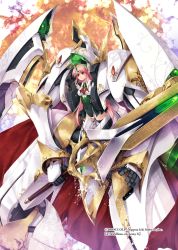 Rule 34 | 1girl, abstract background, ascot, breasts, cape, closed mouth, collared shirt, commentary request, copyright name, covered navel, cowboy shot, crotch plate, dress, expressionless, eyebrows hidden by hair, floating, green dress, green thighhighs, headpiece, highres, holding, holding sword, holding weapon, huge weapon, kirishima satoshi, large breasts, light particles, long hair, mecha musume, mechanical arms, mechanical legs, mechanical wings, official art, pink hair, red ascot, red cape, red eyes, shirt, showgirl skirt, sidelocks, solo, sword, thighhighs, weapon, white shirt, wings, z/x, zettai ryouiki