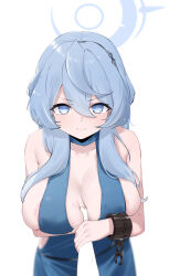 Rule 34 | 1girl, absurdres, ako (blue archive), ako (dress) (blue archive), black hairband, blue archive, blue dress, blue eyes, blue hair, blue halo, breasts, closed mouth, collarbone, commentary, cuffs, dongye1551, dress, hair between eyes, hairband, halo, handcuffs, highres, large breasts, long hair, official alternate costume, sideboob, simple background, solo, white background