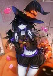 Rule 34 | 10s, 1girl, abyssal ship, belt, black gloves, black hair, candy, collar, collarbone, elbow gloves, food, gloves, halloween, hat, horns, jack-o&#039;-lantern, kantai collection, light cruiser princess, lollipop, long hair, looking at viewer, mask, midriff, mochitsuki (mo chooon), navel, pale skin, resolution mismatch, shorts, smile, solo, source smaller, thigh strap, witch hat