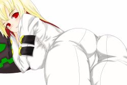 Rule 34 | 1girl, aniki1218, arc system works, ass, blonde hair, blush, bodysuit, breasts, cameltoe, female focus, from behind, grin, guilty gear, guilty gear xrd, guilty gear xrd: revelator, jack-o&#039; valentine, large breasts, long hair, looking at viewer, lying, multicolored hair, red eyes, red hair, shiny clothes, sideboob, skin tight, smile, solo, white background
