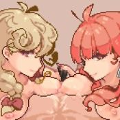 Rule 34 | 1boy, 2girls, animated, breasts, celica (fire emblem), faye (fire emblem), fire emblem, fire emblem echoes: shadows of valentia, handjob, light brown hair, looking at viewer, momiahair, multiple girls, nintendo, nipples, penis, pixel art, pov, red hair, red ribbon, ribbon, video