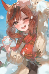 Rule 34 | 1girl, ;d, animal ears, black skirt, blue eyes, blurry, blurry background, breasts, brown coat, brown eyes, brown hair, coat, commentary request, day, grey eyes, highres, holding snowball, horse ears, horse girl, looking at viewer, medium hair, multicolored hair, nice nature (umamusume), one eye closed, open mouth, outdoors, pulmo (artist), red scarf, scarf, skirt, small breasts, smile, snowball, snowball fight, solo, streaked hair, sweater, teeth, twintails, umamusume, upper body, upper teeth only, white sweater