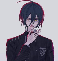 Rule 34 | 1boy, ahoge, alternate eye color, beige background, black hair, black jacket, blood, blood on face, breast pocket, commentary request, danganronpa (series), danganronpa v3: killing harmony, grey background, hair between eyes, highres, iumi urura, jacket, long sleeves, looking at viewer, male focus, nail polish, nosebleed, open mouth, pocket, saihara shuichi, short hair, simple background, solo, striped clothes, striped jacket, teeth, upper body, upper teeth only, yellow eyes