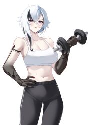 Rule 34 | 1girl, absurdres, arlecchino (genshin impact), black eyes, black hair, black hands, black leggings, black nails, breasts, cleavage, collarbone, colored extremities, commentary request, dumbbell, exercising, genshin impact, hair between eyes, hand on own hip, highres, large breasts, leggings, long hair, looking at viewer, multicolored hair, navel, open mouth, pants, red nails, red pupils, ryo e, solo, streaked hair, symbol-shaped pupils, tank top, weightlifting, white background, white hair, white tank top, x-shaped pupils, yoga pants