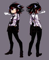 Rule 34 | 1girl, alternate costume, black eyes, black hair, black neckwear, black pants, brown footwear, cigarette, collared shirt, commentary request, cone horns, contrapposto, full body, grey horns, hand in pocket, horns, kijin seija, long sleeves, mouth hold, multicolored hair, multiple views, necktie, pants, red hair, shimizu pem, shirt, shoes, smoke, smoking, standing, streaked hair, suspenders, touhou, white hair, white shirt, wing collar