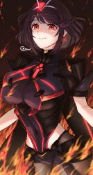 1girl absurdres alternate_breast_size alternate_color alternate_hair_color black_hair bob_cut breasts chest_jewel dark_persona earrings fingerless_gloves fire gloves headpiece highres jewelry large_breasts looking_at_viewer nintendo princess666 purple_hair pyra_(xenoblade) red_eyes short_hair shorts smile solo super_smash_bros. swept_bangs thighhighs tiara xenoblade_chronicles_(series) xenoblade_chronicles_2