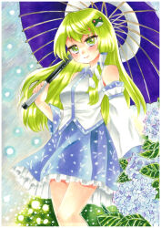 Rule 34 | 1girl, anor, bare legs, bare shoulders, blue flower, border, breasts, commentary request, danmaku, detached sleeves, feet out of frame, flower, flower request, frog hair ornament, green eyes, green hair, hair ornament, hair tubes, hand up, holding, holding umbrella, kochiya sanae, long hair, long sleeves, looking at viewer, marker (medium), medium breasts, outdoors, rain, smile, solo, touhou, traditional media, umbrella, very long hair, white border