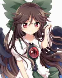 Rule 34 | 1girl, bad id, bad pixiv id, blush, bow, breasts, brown hair, buttons, chitose hachi, cloak, closed mouth, collar, collared shirt, green bow, green skirt, hair between eyes, hand up, long hair, looking at viewer, medium breasts, puffy short sleeves, puffy sleeves, red eyes, reiuji utsuho, shirt, short sleeves, simple background, skirt, solo, space, space print, star (symbol), star print, starry sky print, third eye, touhou, white background, white cloak, white shirt, wings