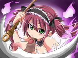 Rule 34 | airi (queen&#039;s blade), blush, breasts, fellatio, green eyes, kobayashi tetsuya, long hair, looking at viewer, nipples, oral, penis, queen&#039;s blade, red hair, scythe, twintails, uncensored, weapon