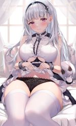Rule 34 | 1girl, azur lane, black panties, black skirt, breasts, closed mouth, clothes lift, clothing cutout, curtains, dido (azur lane), doll, hairband, highres, lace-trimmed hairband, lace trim, large breasts, lifted by self, long hair, looking at viewer, panties, pillow, pink eyes, sg (satoumogumogu), sitting, skirt, skirt lift, solo, thighhighs, thighs, underboob cutout, underwear, white hair, white thighhighs, window