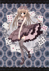 Rule 34 | 1girl, absurdres, bare shoulders, black thighhighs, blonde hair, blush, bow, card, dress, frilled dress, frilled thighhighs, frills, grey thighhighs, hair bow, hand on own chest, highres, inugami kira, looking at viewer, off shoulder, official art, open mouth, playing card, purple eyes, seitokai no ichizon, shiina mafuyu, shoes, standing, standing on one leg, thighhighs