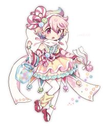 Rule 34 | 1girl, :o, blue hair, bow, candy, candy hair ornament, colorful, detached sleeves, food, food-themed hair ornament, food-themed ornament, frills, full body, hair ornament, highres, jar, konpeitou, layered skirt, leg warmers, mokarooru, multicolored hair, original, personification, pink eyes, pink hair, pocketland, sandals, short hair, skirt, solo, striped, striped bow, thighhighs, two-tone hair, waist bow, wand, white background, white bow, white thighhighs, yellow skirt
