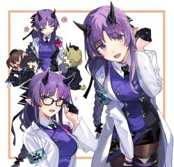 Rule 34 | 1girl, 3others, arknights, bespectacled, black-framed eyewear, black gloves, black necktie, braid, coat, commentary request, framed, glasses, gloves, half gloves, hand on another&#039;s head, headpat, hibiscus (arknights), hibiscus the purifier (arknights), highres, horns, lab coat, long hair, multiple others, multiple views, necktie, open mouth, partially fingerless gloves, pointy ears, purple eyes, purple hair, scrunchie, single braid, smile, white coat, wrist scrunchie, yomosaka