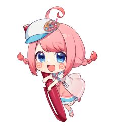 Rule 34 | 1girl, :d, ahoge, blue eyes, blue sailor collar, blush, braid, cabbie hat, chibi, commission, copyright request, dress, fang, full body, hat, highres, hugging object, jacket, mini person, minigirl, open mouth, palette (object), pencil, pink dress, pink footwear, pink hair, pink jacket, puffy short sleeves, puffy sleeves, sailor collar, sakura chiyo (konachi000), shoes, short sleeves, simple background, smile, socks, solo, thick eyebrows, tilted headwear, twin braids, virtual youtuber, white background, white hat, white socks